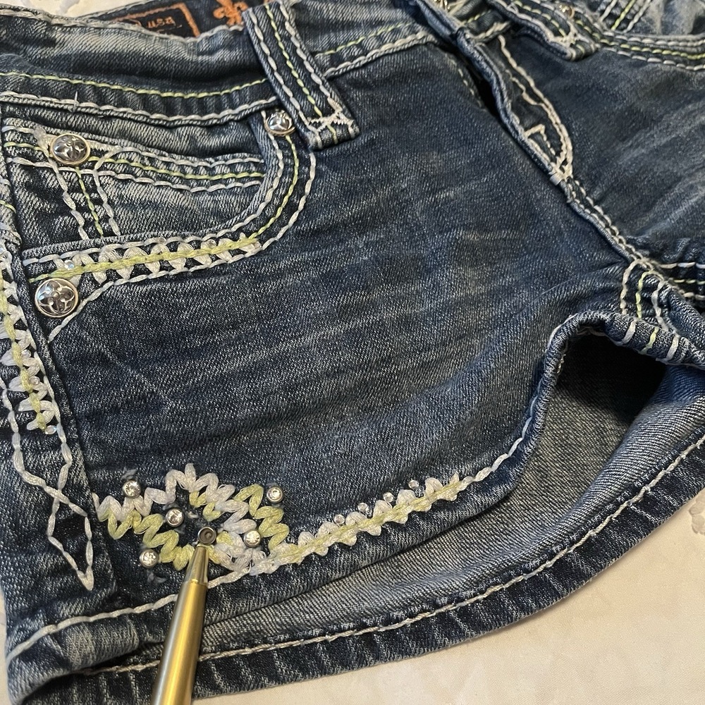 Y2K Rock Revival Micro Mini Denim Shorts Sz 24 Scarlett Embellished Thick Stitch - Picture 3 of 13